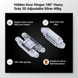 Hidden Door Hinges 180° Heavy Duty 3D Adjustable Silver 40kg