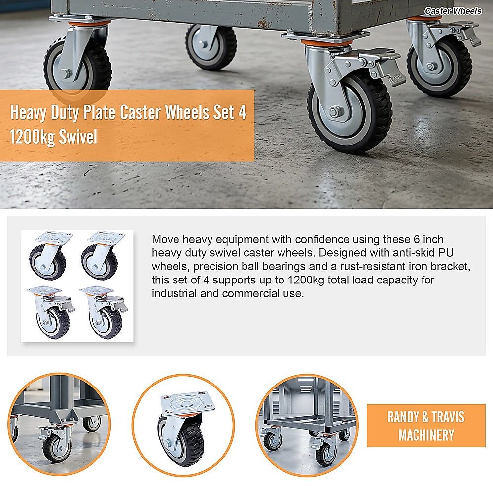 Heavy Duty Plate Caster Wheels Set 4 1200kg Swivel