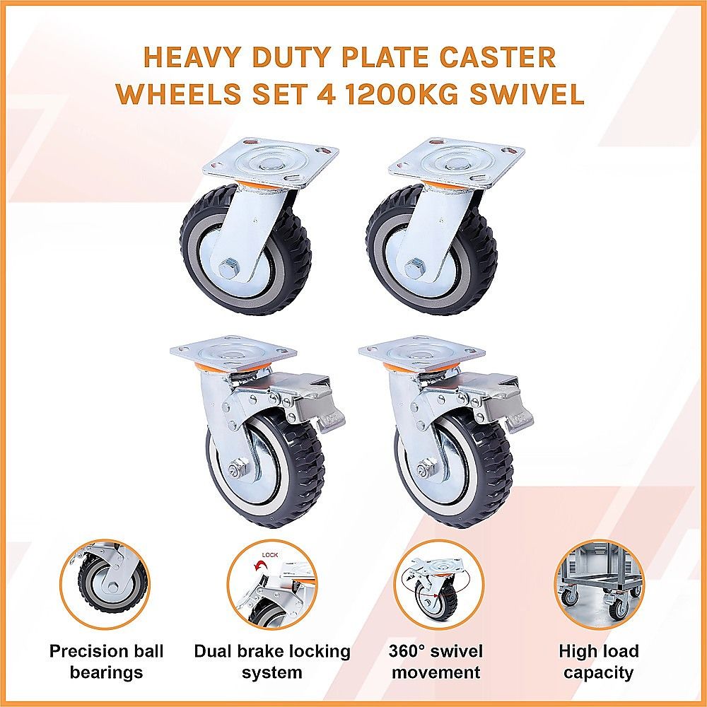 Heavy Duty Plate Caster Wheels Set 4 1200kg Swivel