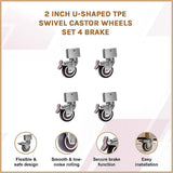 2 Inch U-Shaped TPE Swivel Castor Wheels Set 4 Brake - Close-Up Angle