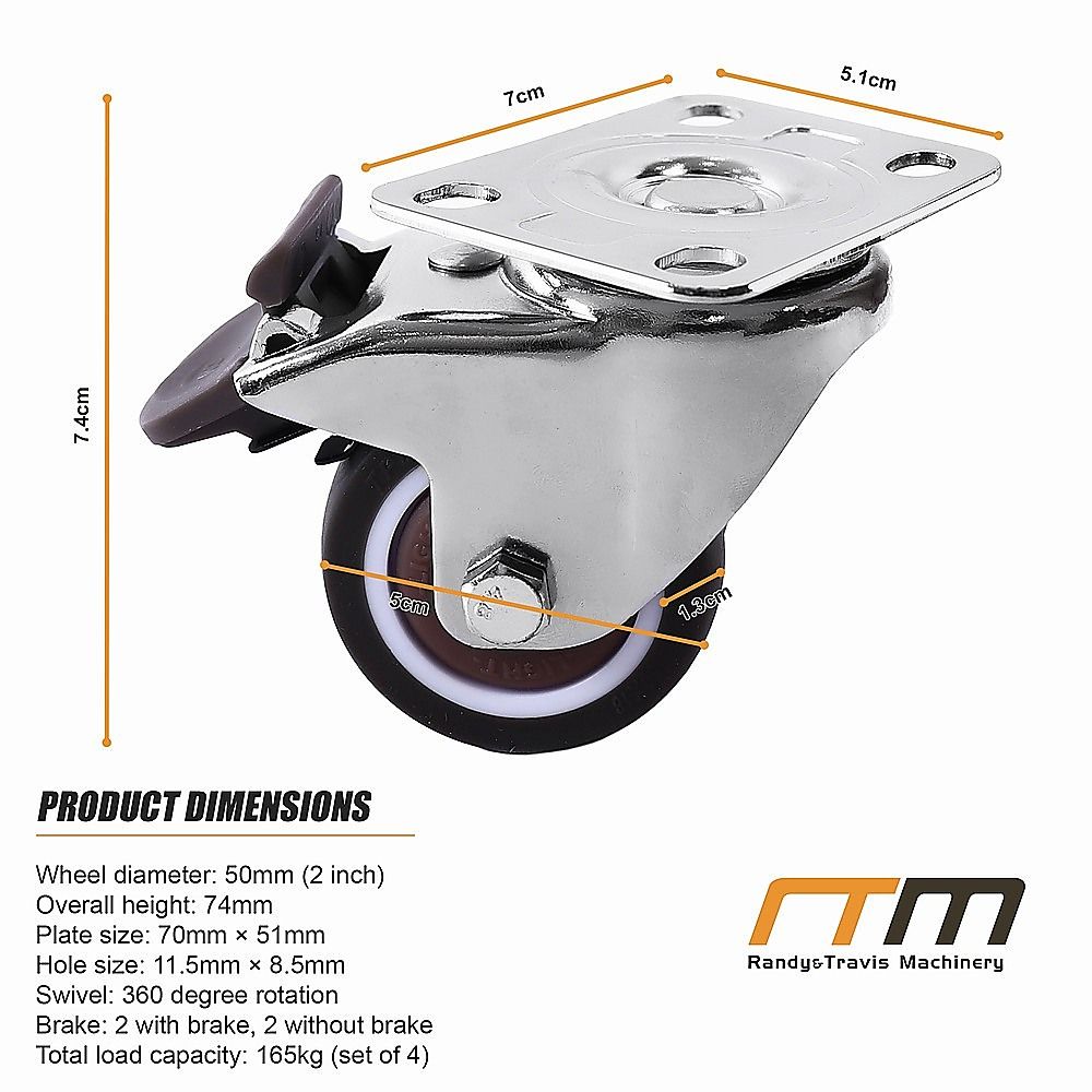 50mm Swivel Caster Wheels Set 4 with Brakes Twin