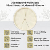30cm Round Wall Clock Silent Sweep Modern ABS Frame