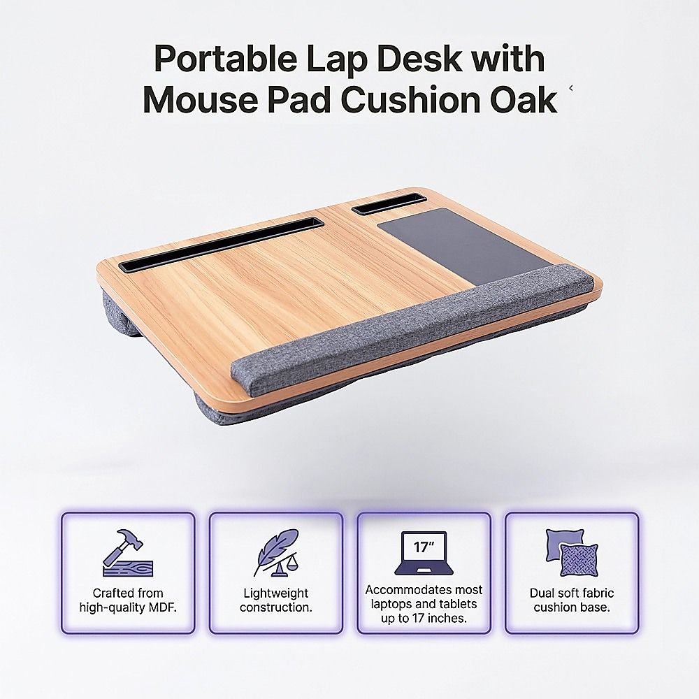 Portable Lap Desk with Mouse Pad Cushion Oak