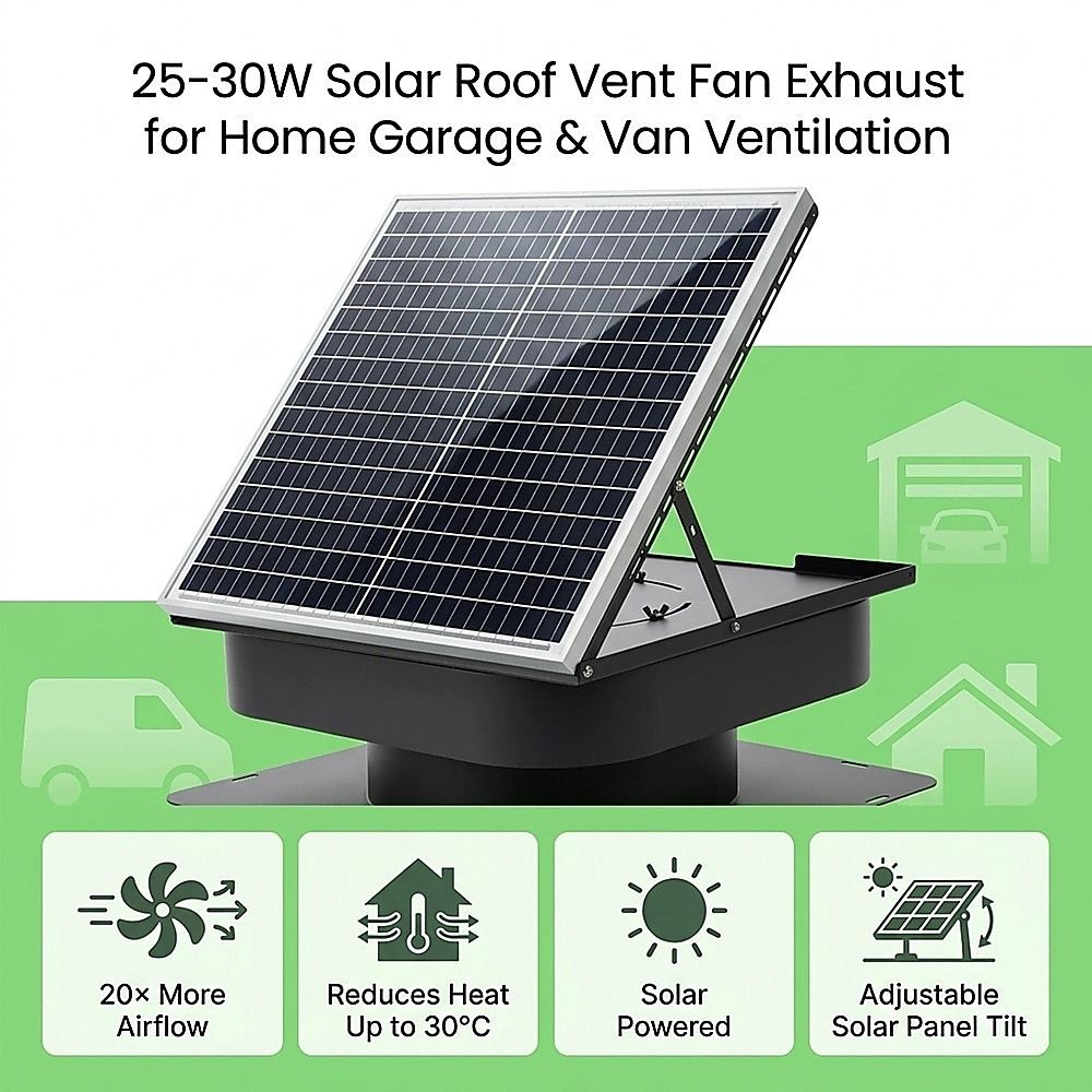 30W Solar Roof Vent Fan Exhaust Attic Ventilation for Home Garage Van