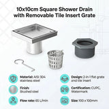 10x10cm Square Shower Drain with Removable Tile Insert Grate – Stainless steel 304SS, CUPC Certified for Modern Bathrooms - Extra Image