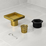 10x10cm Square Shower Drain with Removable Tile Insert Grate – Brushed Gold 304SS, CUPC Certified for Modern Bathrooms - 45-Degree Angle