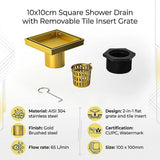 10x10cm Square Shower Drain with Removable Tile Insert Grate – Brushed Gold 304SS, CUPC Certified for Modern Bathrooms - Extra Image