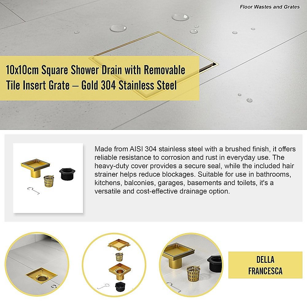10x10cm Square Shower Drain with Removable Tile Insert Grate – Brushed Gold 304SS, CUPC Certified for Modern Bathrooms