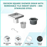 15x15cm Square Shower Drain with Removable Tile Insert Grate – Stainless steel 304SS, CUPC Certified for Modern Bathrooms - Side View