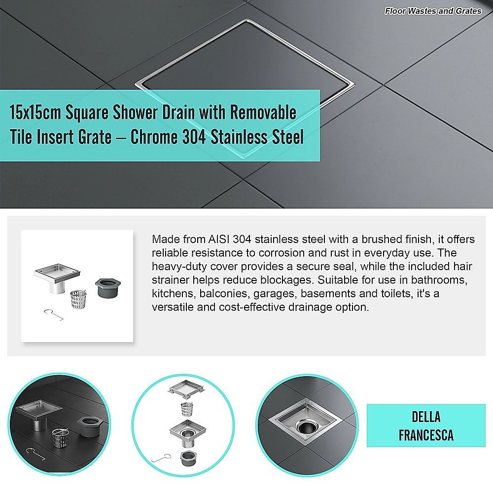 15x15cm Square Shower Drain with Removable Tile Insert Grate – Stainless steel 304SS, CUPC Certified for Modern Bathrooms