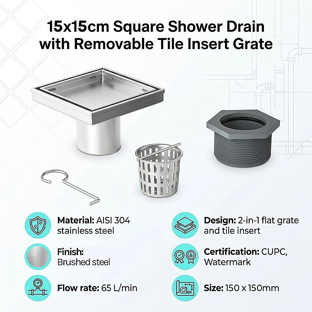 15x15cm Square Shower Drain with Removable Tile Insert Grate – Stainless steel 304SS, CUPC Certified for Modern Bathrooms