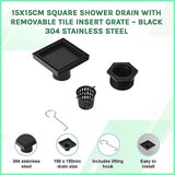 15x15cm Square Shower Drain with Removable Tile Insert Grate – Matte Black 304SS, CUPC Certified for Modern Bathrooms