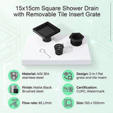 15x15cm Square Shower Drain with Removable Tile Insert Grate – Matte Black 304SS, CUPC Certified for Modern Bathrooms - Extra Image