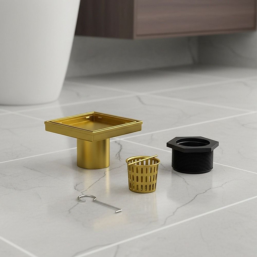 15x15cm Square Shower Drain with Removable Tile Insert Grate – Brushed Gold 304SS, CUPC Certified for Modern Bathrooms