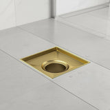 15x15cm Square Shower Drain with Removable Tile Insert Grate – Brushed Gold 304SS, CUPC Certified for Modern Bathrooms - Close-Up Angle