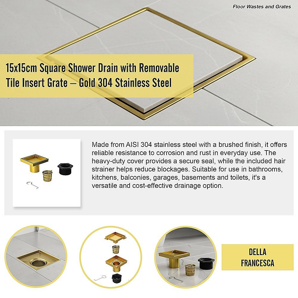 15x15cm Square Shower Drain with Removable Tile Insert Grate – Brushed Gold 304SS, CUPC Certified for Modern Bathrooms