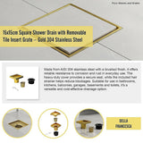 15x15cm Square Shower Drain with Removable Tile Insert Grate – Brushed Gold 304SS, CUPC Certified for Modern Bathrooms