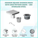 10x10cm Square Shower Drain with Grid Pattern Grate – 304 Stainless Steel, CUPC Certified with Hair Strainer - Side View