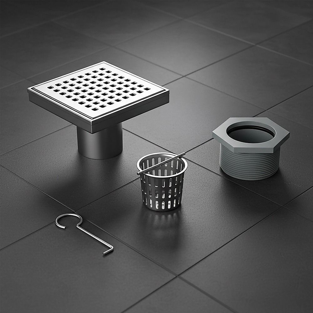 10x10cm Square Shower Drain with Grid Pattern Grate – 304 Stainless Steel, CUPC Certified with Hair Strainer