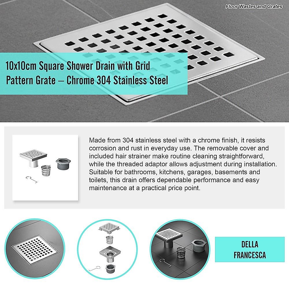 10x10cm Square Shower Drain with Grid Pattern Grate – 304 Stainless Steel, CUPC Certified with Hair Strainer