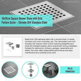 10x10cm Square Shower Drain with Grid Pattern Grate – 304 Stainless Steel, CUPC Certified with Hair Strainer - Extra Image