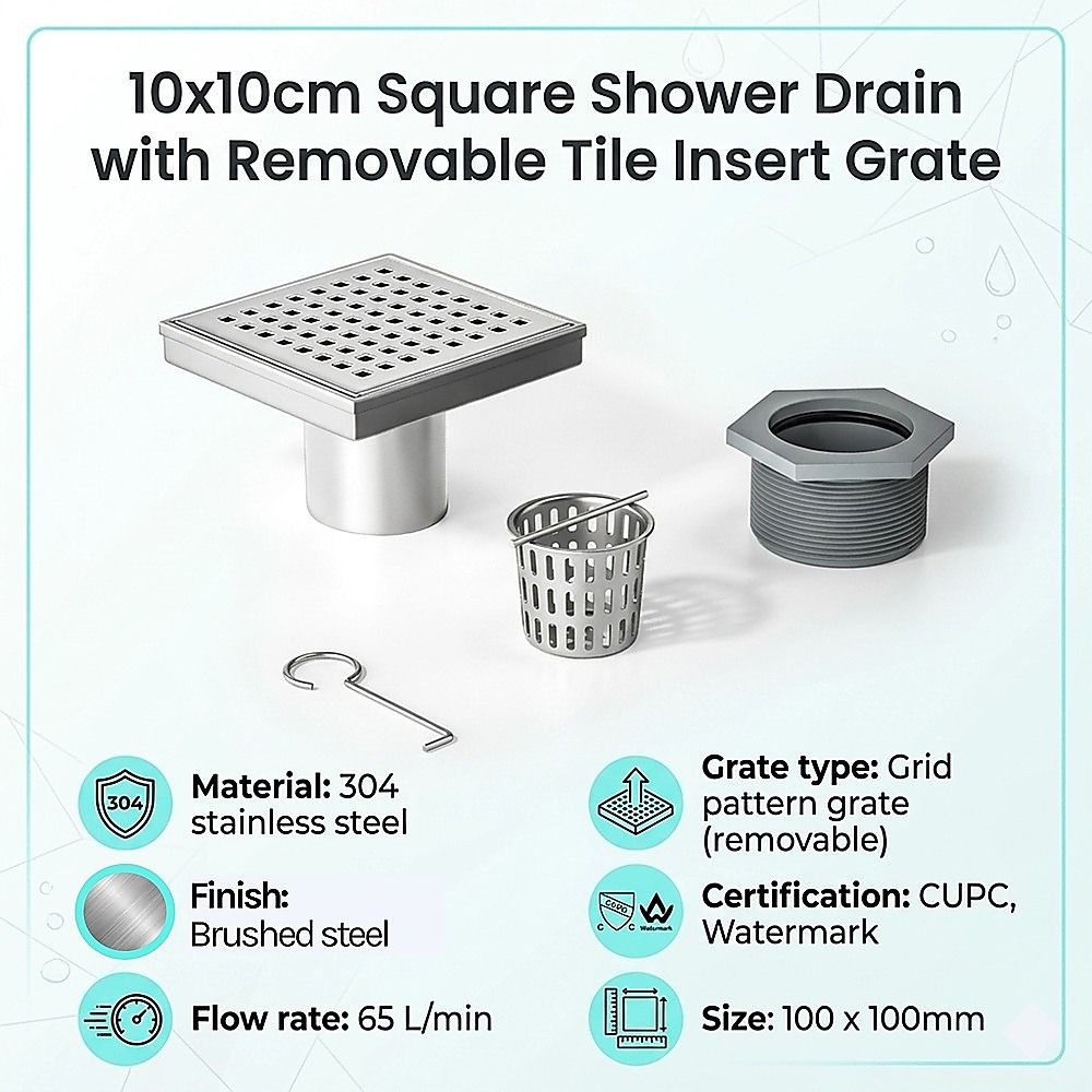 10x10cm Square Shower Drain with Grid Pattern Grate – 304 Stainless Steel, CUPC Certified with Hair Strainer