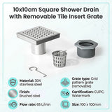 10x10cm Square Shower Drain with Grid Pattern Grate – 304 Stainless Steel, CUPC Certified with Hair Strainer