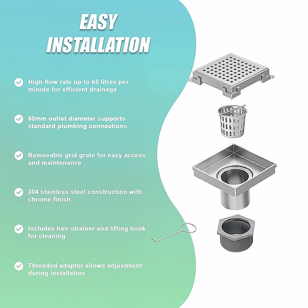 10x10cm Square Shower Drain with Grid Pattern Grate – 304 Stainless Steel, CUPC Certified with Hair Strainer