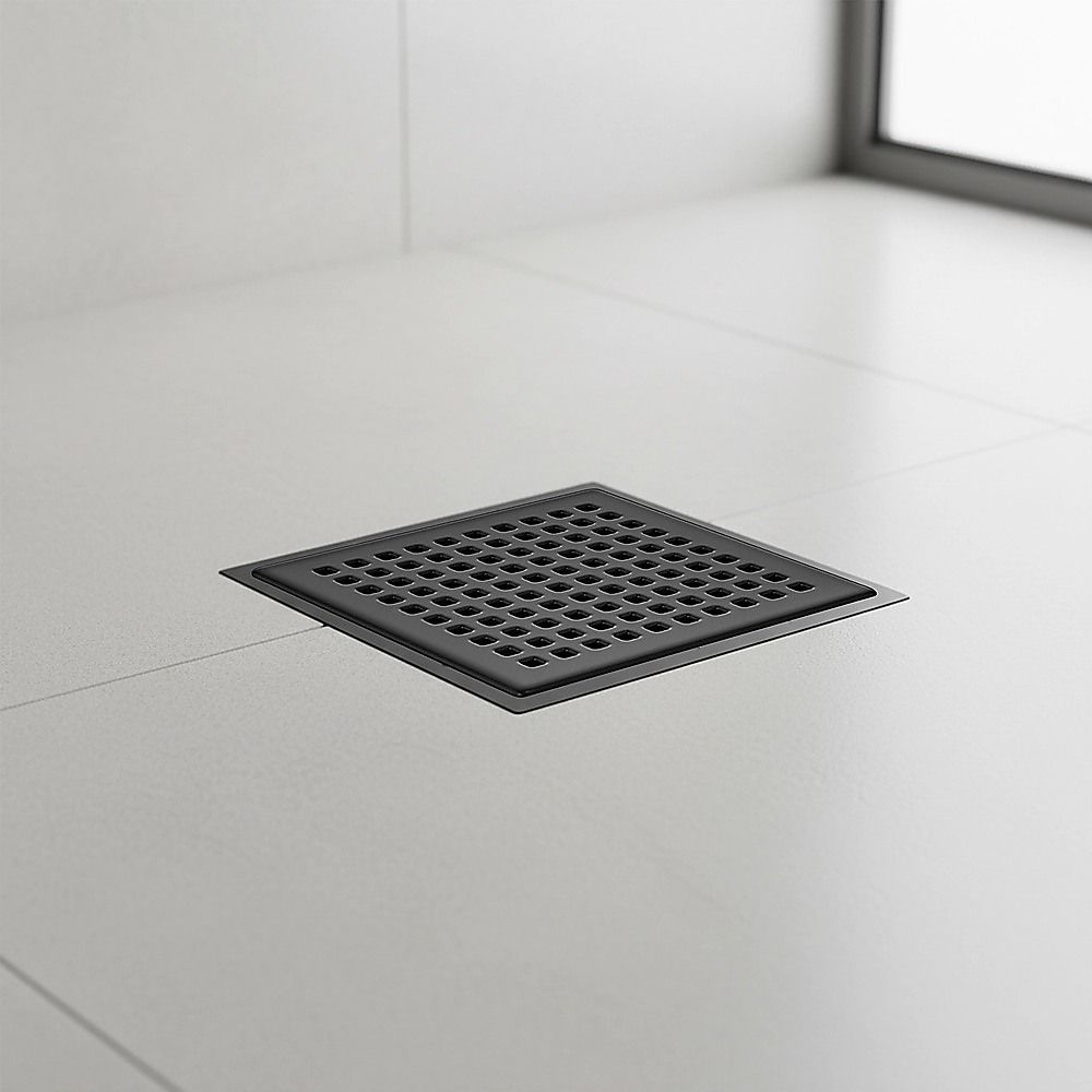 10x10cm Square Shower Drain with Grid Pattern Grate – Matte Black 304SS, CUPC Certified with Hair Strainer