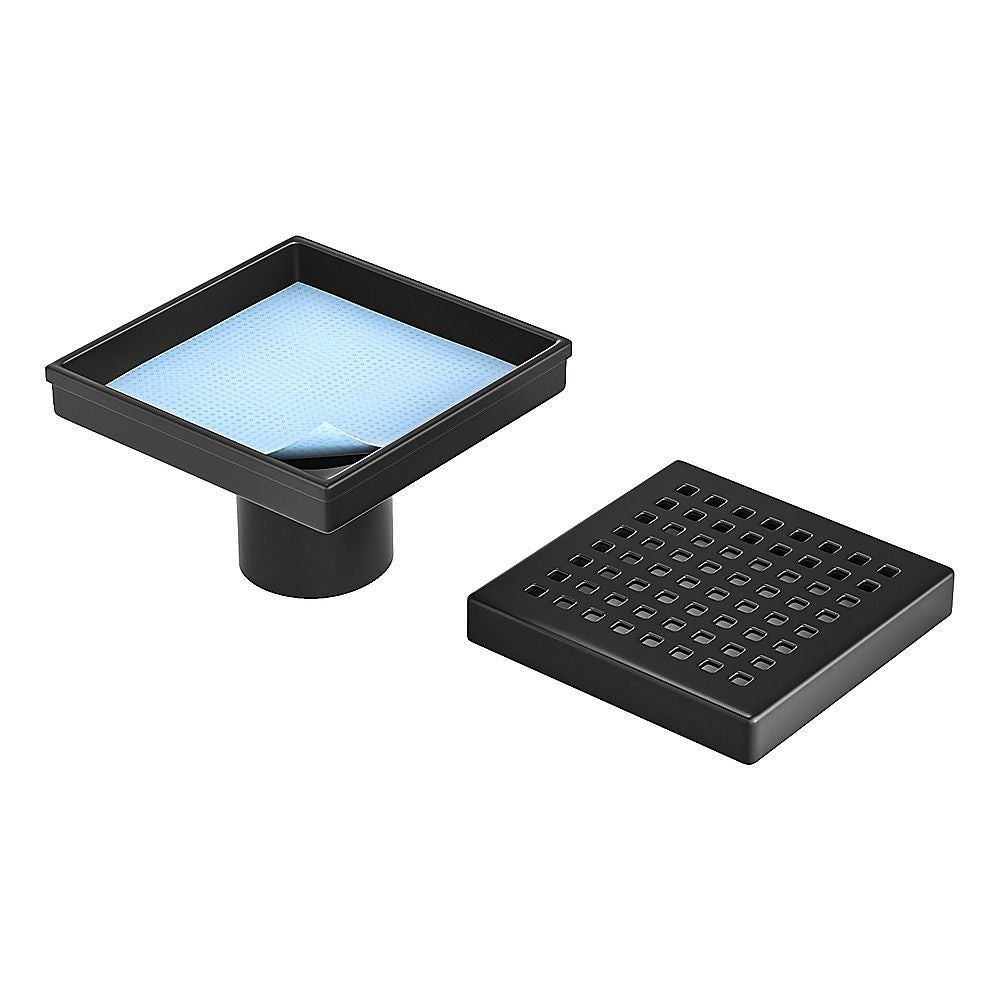 10x10cm Square Shower Drain with Grid Pattern Grate – Matte Black 304SS, CUPC Certified with Hair Strainer