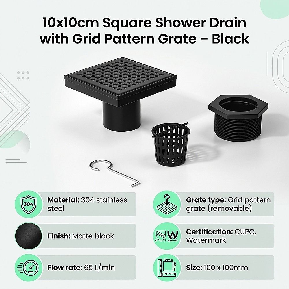 10x10cm Square Shower Drain with Grid Pattern Grate – Matte Black 304SS, CUPC Certified with Hair Strainer