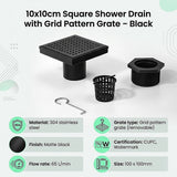 10x10cm Square Shower Drain with Grid Pattern Grate – Matte Black 304SS, CUPC Certified with Hair Strainer