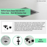 10x10cm Square Shower Drain with Grid Pattern Grate – Matte Black 304SS, CUPC Certified with Hair Strainer