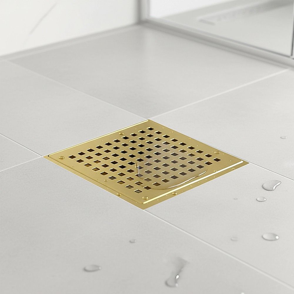 10x10cm Square Shower Drain with Grid Pattern Grate – Brushed Gold 304SS, CUPC Certified with Hair Strainer
