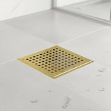 10x10cm Square Shower Drain with Grid Pattern Grate – Brushed Gold 304SS, CUPC Certified with Hair Strainer