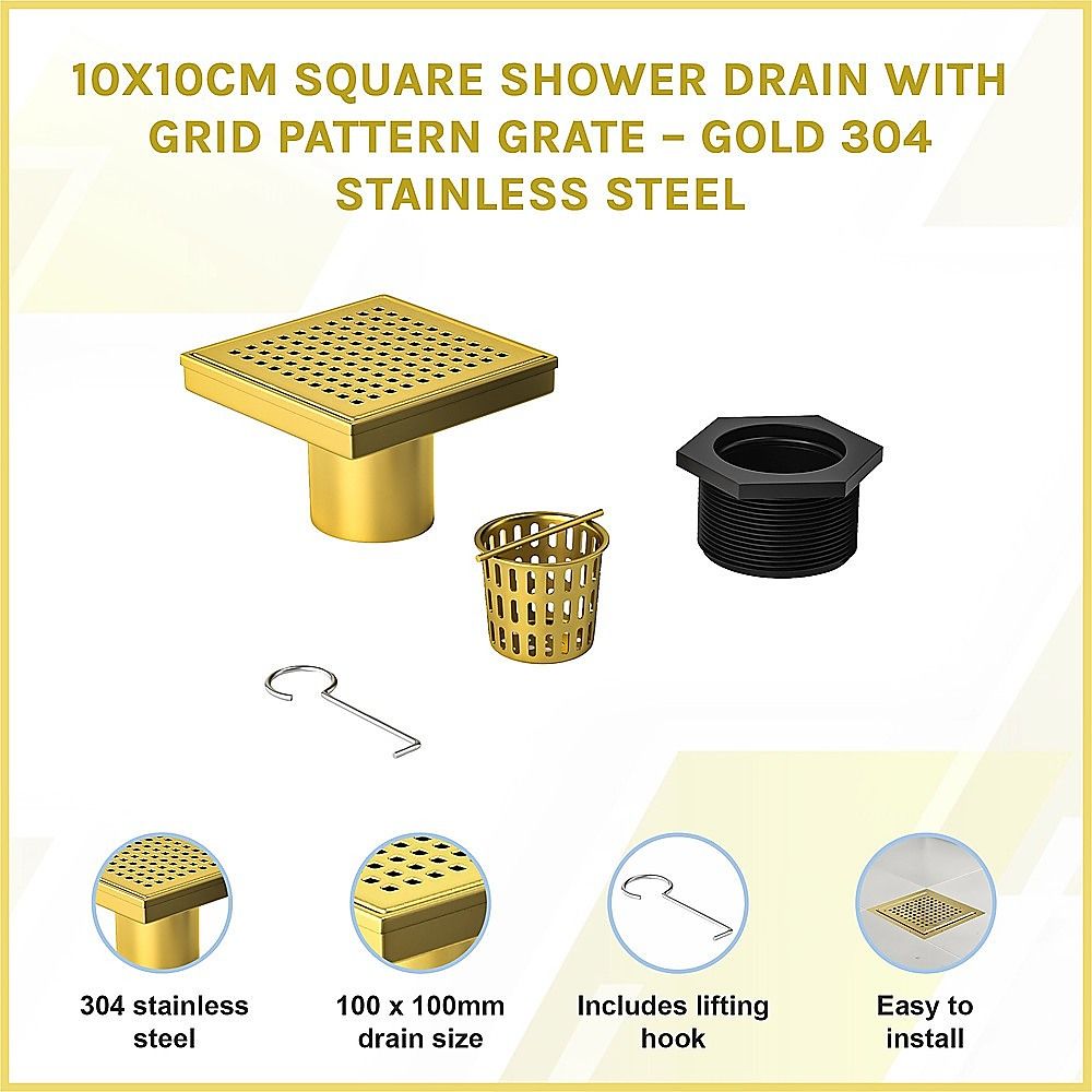 10x10cm Square Shower Drain with Grid Pattern Grate – Brushed Gold 304SS, CUPC Certified with Hair Strainer