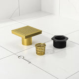 10x10cm Square Shower Drain with Grid Pattern Grate – Brushed Gold 304SS, CUPC Certified with Hair Strainer - 45-Degree Angle