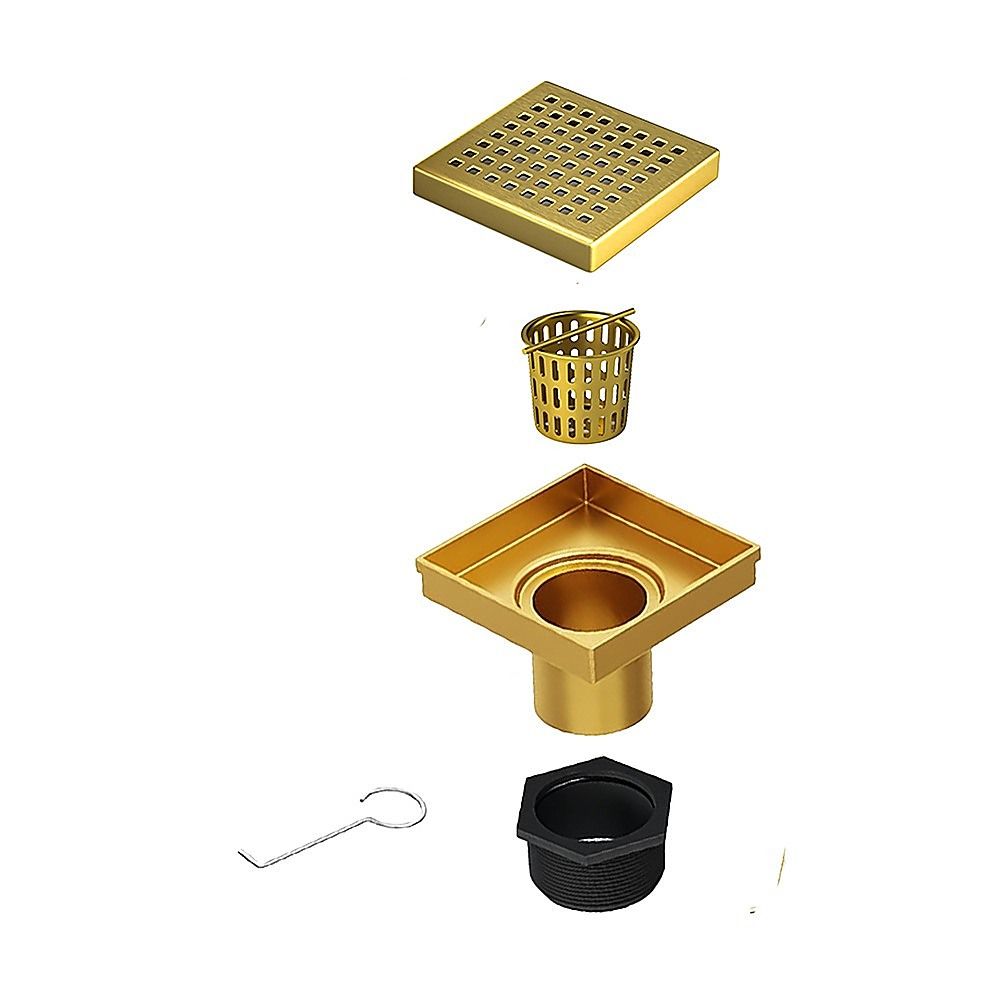 10x10cm Square Shower Drain with Grid Pattern Grate – Brushed Gold 304SS, CUPC Certified with Hair Strainer
