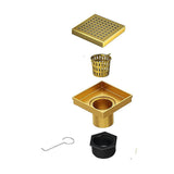 10x10cm Square Shower Drain with Grid Pattern Grate – Brushed Gold 304SS, CUPC Certified with Hair Strainer - Rear View
