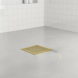 10x10cm Square Shower Drain with Grid Pattern Grate – Brushed Gold 304SS, CUPC Certified with Hair Strainer - Close-Up Angle