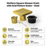 10x10cm Square Shower Drain with Grid Pattern Grate – Brushed Gold 304SS, CUPC Certified with Hair Strainer - Extra Image