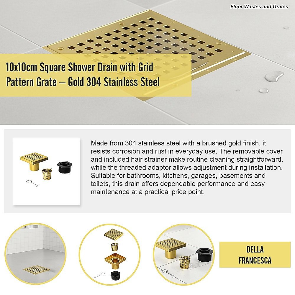 10x10cm Square Shower Drain with Grid Pattern Grate – Brushed Gold 304SS, CUPC Certified with Hair Strainer