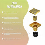 10x10cm Square Shower Drain with Grid Pattern Grate – Brushed Gold 304SS, CUPC Certified with Hair Strainer