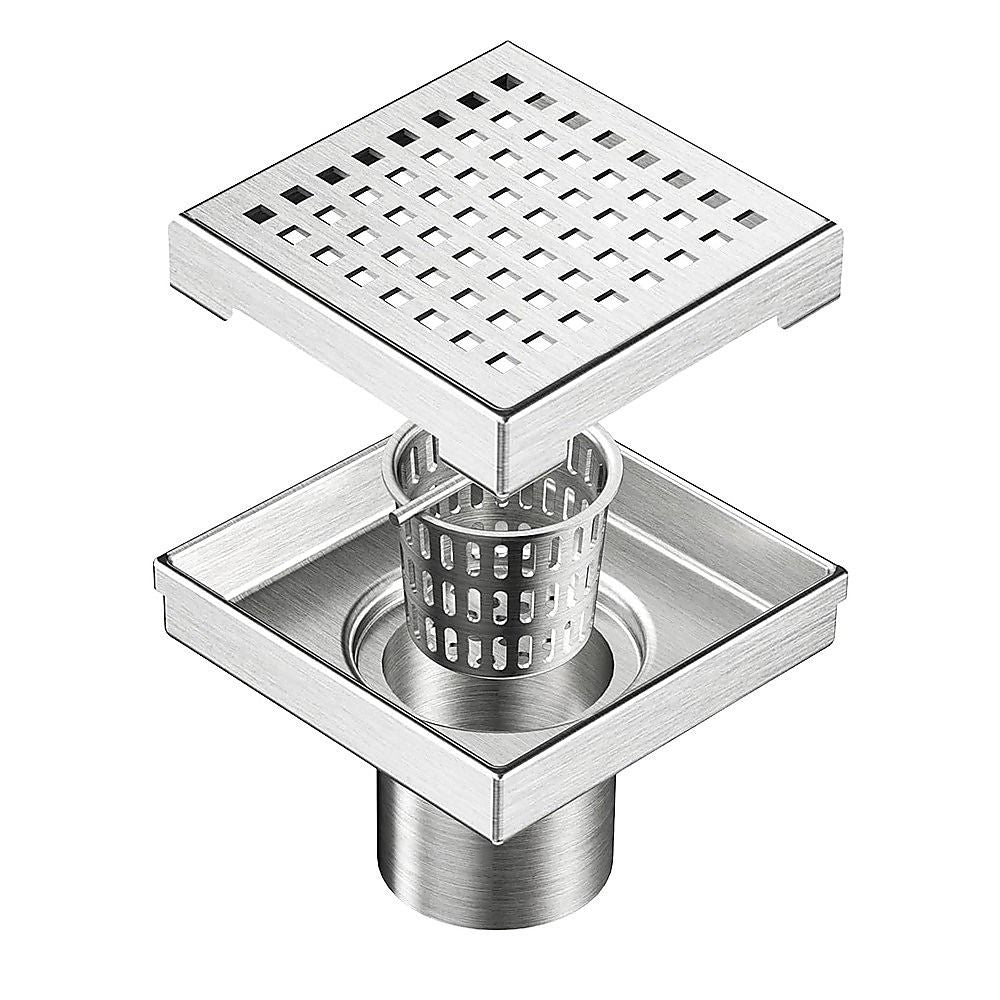 15x15cm Square Shower Drain with Grid Pattern Grate – 304 SS, CUPC Certified with Hair Strainer