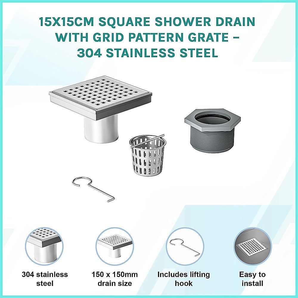 15x15cm Square Shower Drain with Grid Pattern Grate – 304 SS, CUPC Certified with Hair Strainer