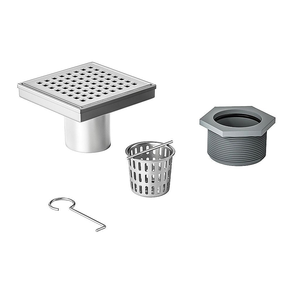 15x15cm Square Shower Drain with Grid Pattern Grate – 304 SS, CUPC Certified with Hair Strainer