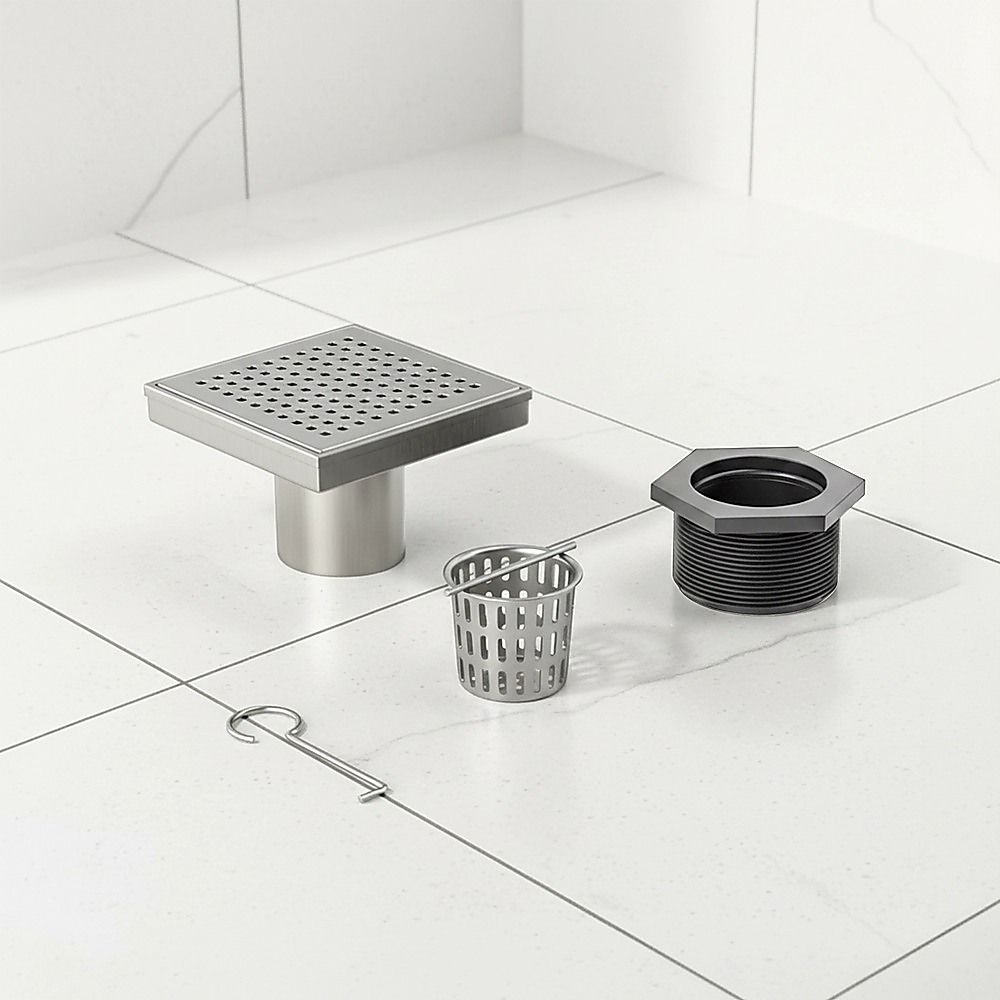 15x15cm Square Shower Drain with Grid Pattern Grate – 304 SS, CUPC Certified with Hair Strainer