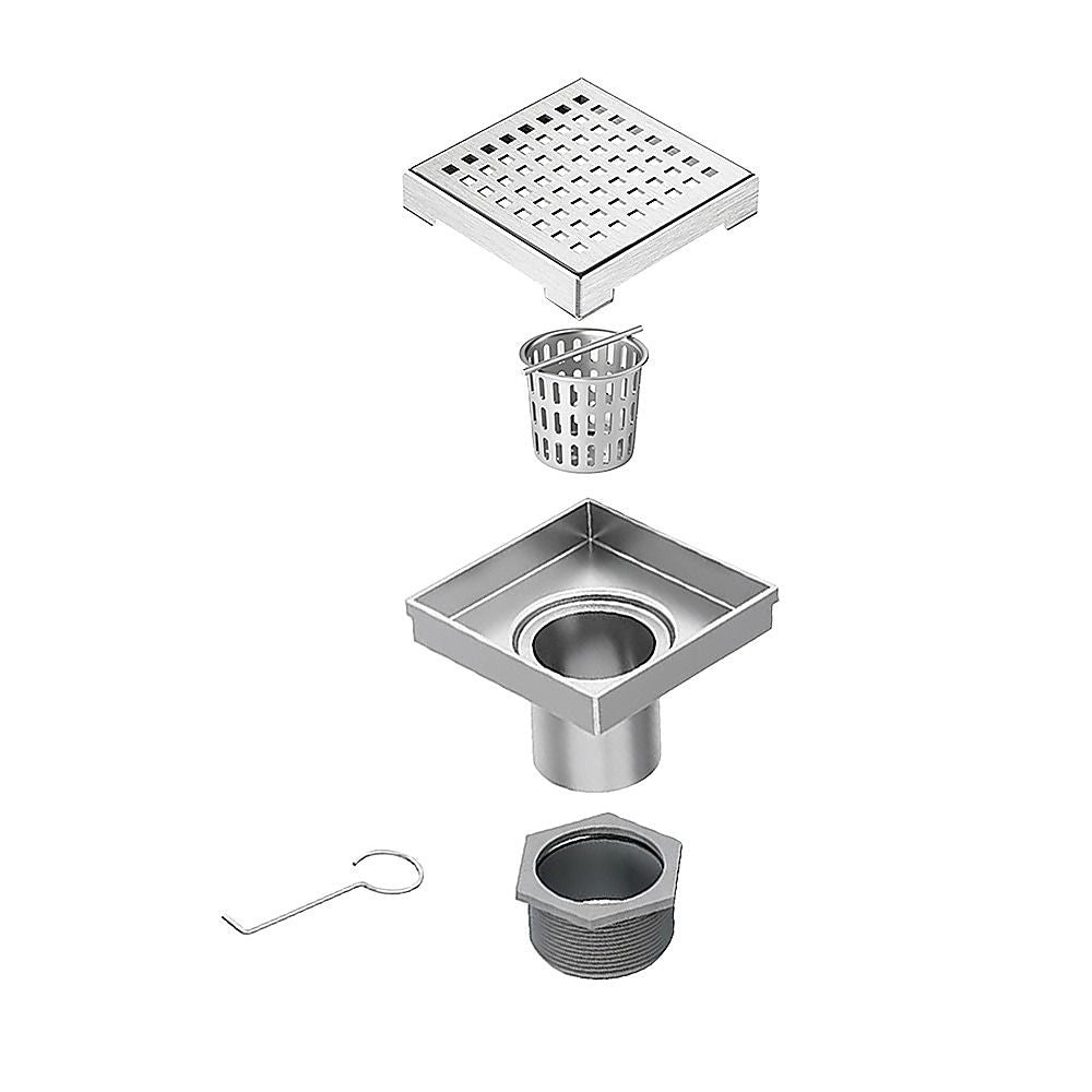 15x15cm Square Shower Drain with Grid Pattern Grate – 304 SS, CUPC Certified with Hair Strainer
