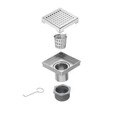 15x15cm Square Shower Drain with Grid Pattern Grate – 304 SS, CUPC Certified with Hair Strainer - Low Angle
