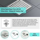 15x15cm Square Shower Drain with Grid Pattern Grate – 304 SS, CUPC Certified with Hair Strainer